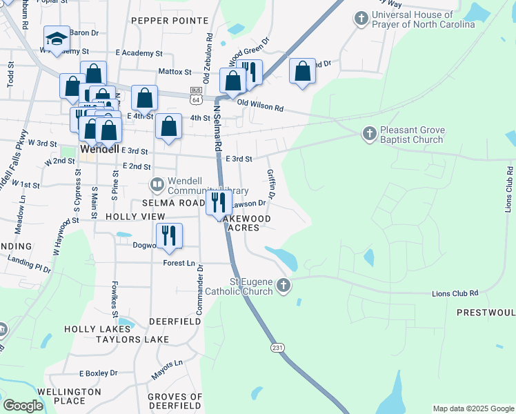 map of restaurants, bars, coffee shops, grocery stores, and more near 618 Lawson Drive in Wendell