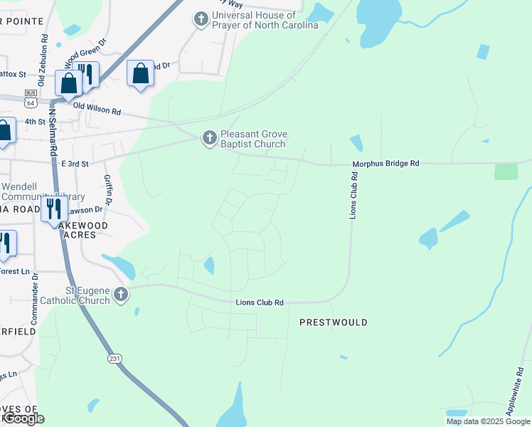 map of restaurants, bars, coffee shops, grocery stores, and more near 148 Traverse Mountain Drive in Wendell