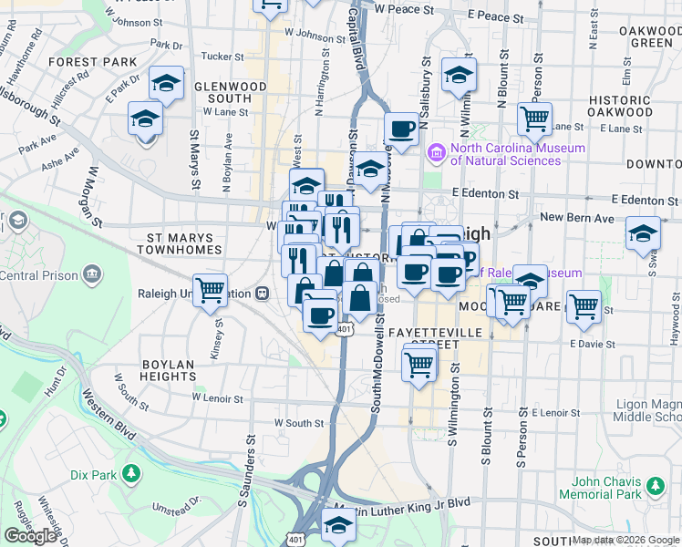map of restaurants, bars, coffee shops, grocery stores, and more near 311 West Hargett Street in Raleigh