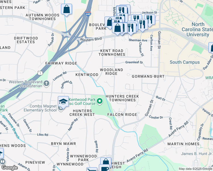 map of restaurants, bars, coffee shops, grocery stores, and more near 1334 Kent Road in Raleigh