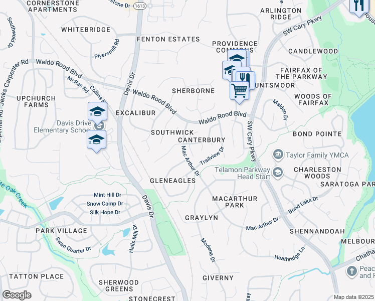 map of restaurants, bars, coffee shops, grocery stores, and more near 104 Foxcrest Court in Cary