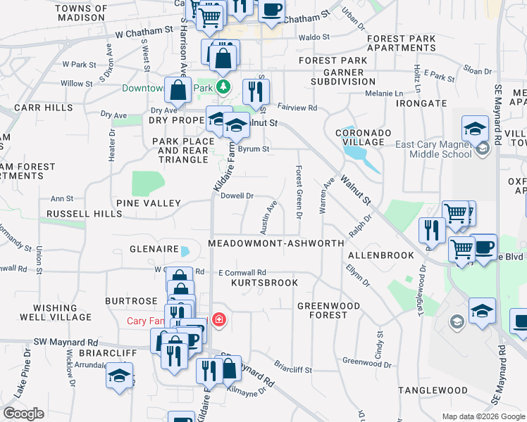 map of restaurants, bars, coffee shops, grocery stores, and more near 708 Austin Avenue in Cary