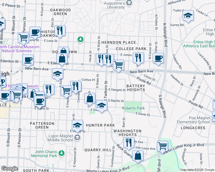 map of restaurants, bars, coffee shops, grocery stores, and more near 125 South Tarboro Street in Raleigh