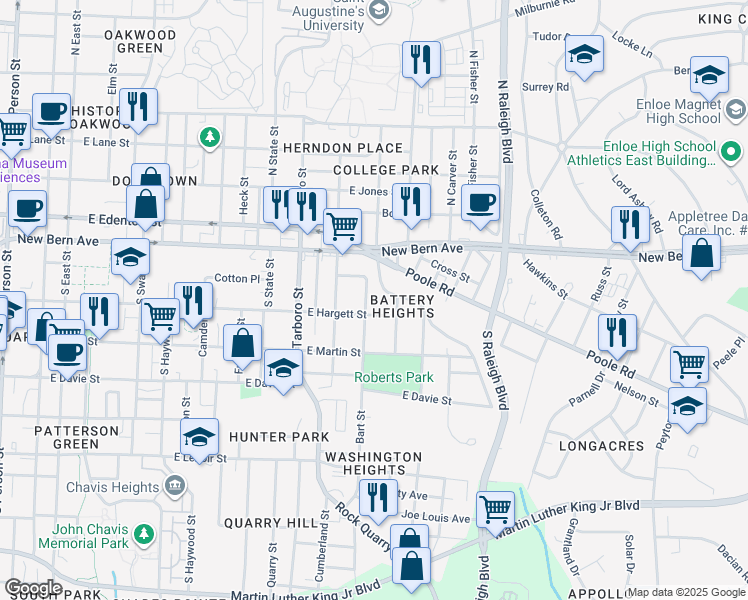 map of restaurants, bars, coffee shops, grocery stores, and more near 120 Bart Street in Raleigh