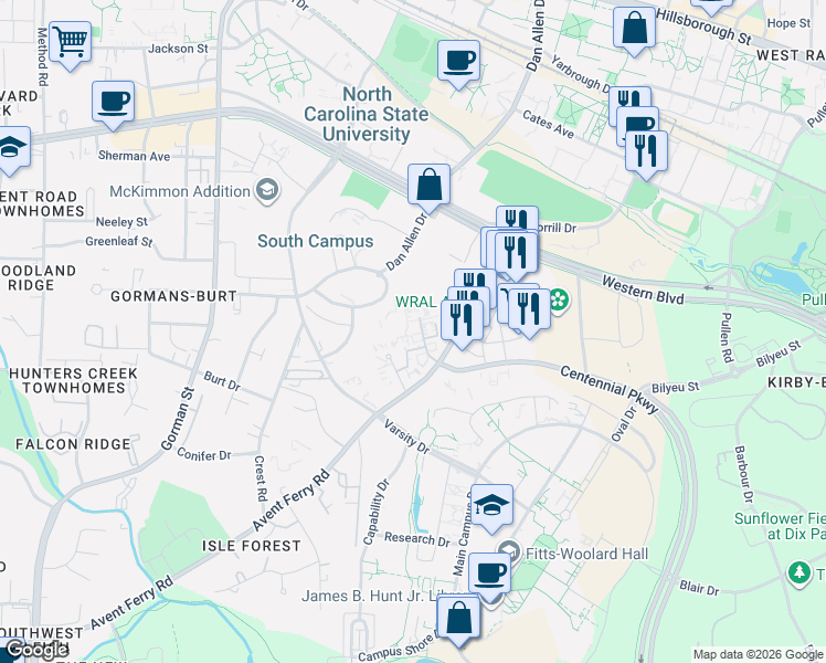 map of restaurants, bars, coffee shops, grocery stores, and more near 2317 Champion Court in Raleigh