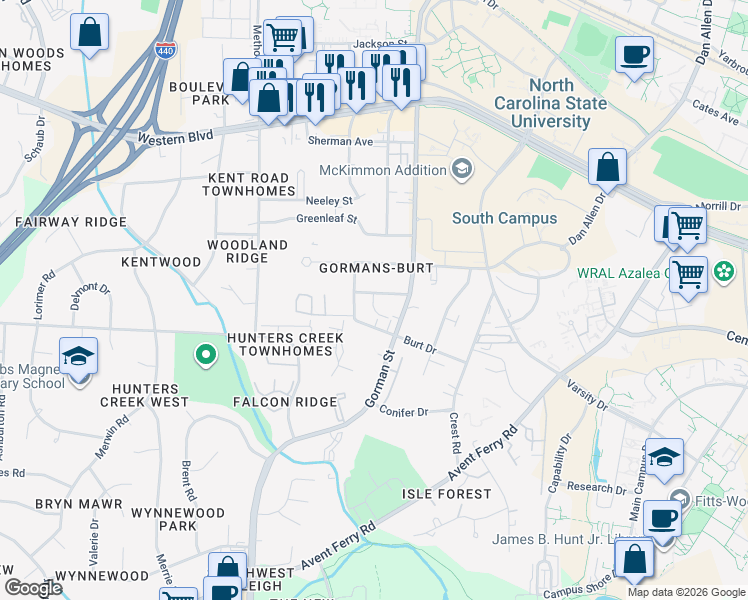 map of restaurants, bars, coffee shops, grocery stores, and more near 3805 Kelford Street in Raleigh