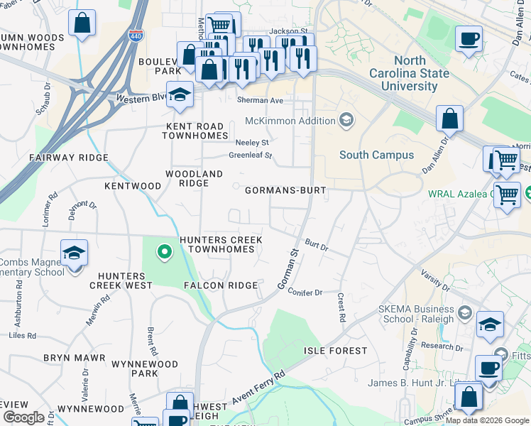 map of restaurants, bars, coffee shops, grocery stores, and more near 3833 Kelford Street in Raleigh