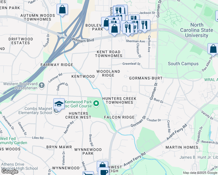 map of restaurants, bars, coffee shops, grocery stores, and more near 1334 Kent Road in Raleigh
