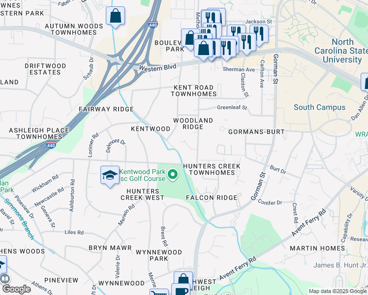map of restaurants, bars, coffee shops, grocery stores, and more near 1334 Kent Road in Raleigh