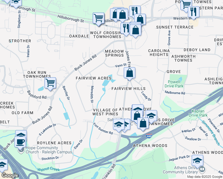 map of restaurants, bars, coffee shops, grocery stores, and more near 5220 Deer Haven Drive in Raleigh