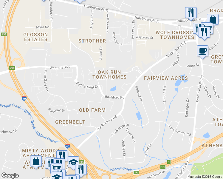 map of restaurants, bars, coffee shops, grocery stores, and more near 339 Oak Run Drive in Raleigh