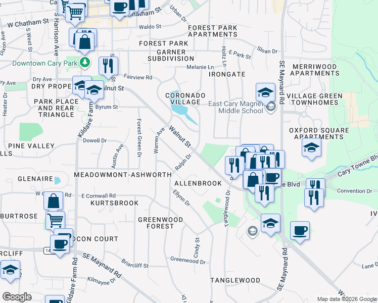 map of restaurants, bars, coffee shops, grocery stores, and more near 431 Pleasants Avenue in Cary