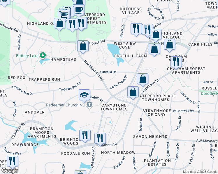 map of restaurants, bars, coffee shops, grocery stores, and more near 1230 Cedar Creek Drive in Cary