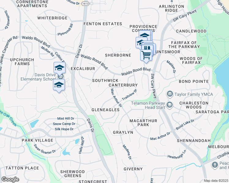 map of restaurants, bars, coffee shops, grocery stores, and more near 104 Foxcrest Court in Cary