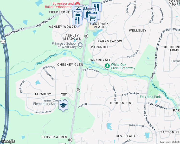map of restaurants, bars, coffee shops, grocery stores, and more near 131 Parkcrest Drive in Cary