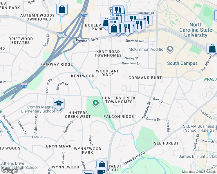 map of restaurants, bars, coffee shops, grocery stores, and more near 1334 Kent Road in Raleigh