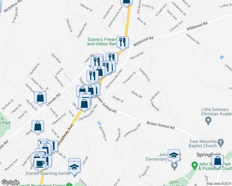 map of restaurants, bars, coffee shops, grocery stores, and more near 314 Bogle Street in Maryville