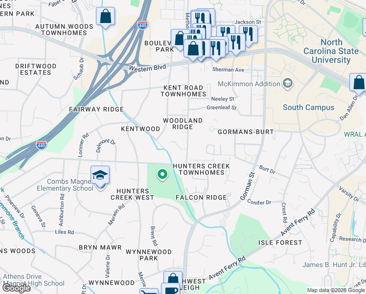 map of restaurants, bars, coffee shops, grocery stores, and more near 1334 Kent Road in Raleigh