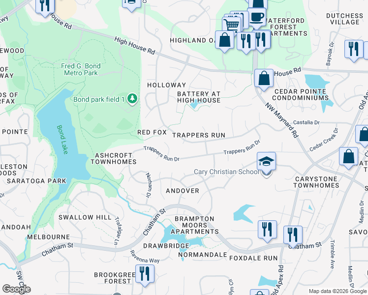 map of restaurants, bars, coffee shops, grocery stores, and more near 103 South Jaguar Court in Cary