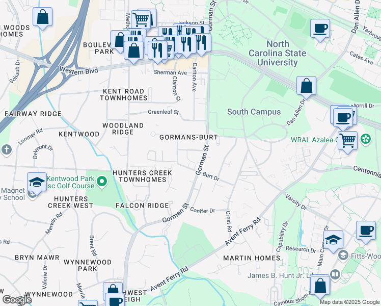 map of restaurants, bars, coffee shops, grocery stores, and more near 3805 Kelford Street in Raleigh