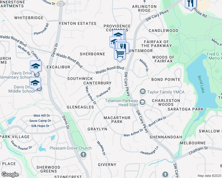 map of restaurants, bars, coffee shops, grocery stores, and more near 200 Trailview Drive in Cary