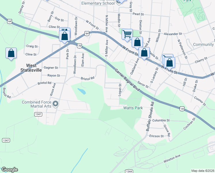 map of restaurants, bars, coffee shops, grocery stores, and more near 1444 School Street in Statesville