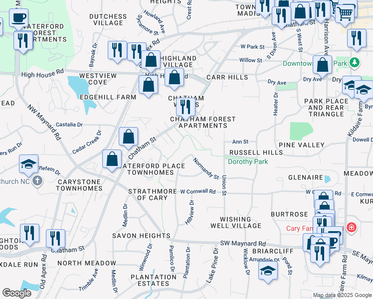 map of restaurants, bars, coffee shops, grocery stores, and more near 802 Pamlico Drive in Cary