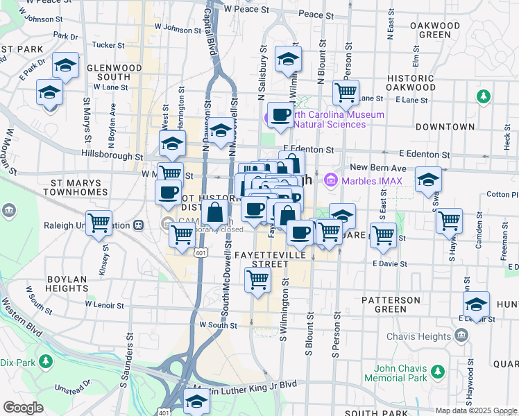 map of restaurants, bars, coffee shops, grocery stores, and more near 107 West Hargett Street in Raleigh