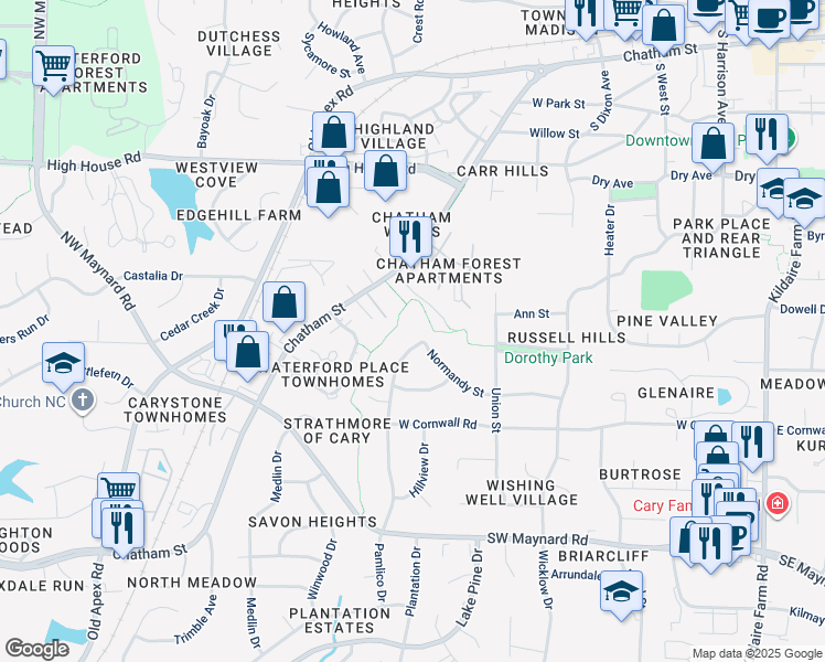 map of restaurants, bars, coffee shops, grocery stores, and more near 802 Pamlico Drive in Cary
