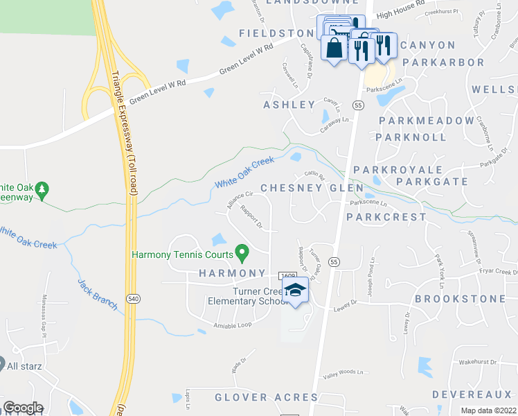 map of restaurants, bars, coffee shops, grocery stores, and more near 111 Rapport Drive in Cary