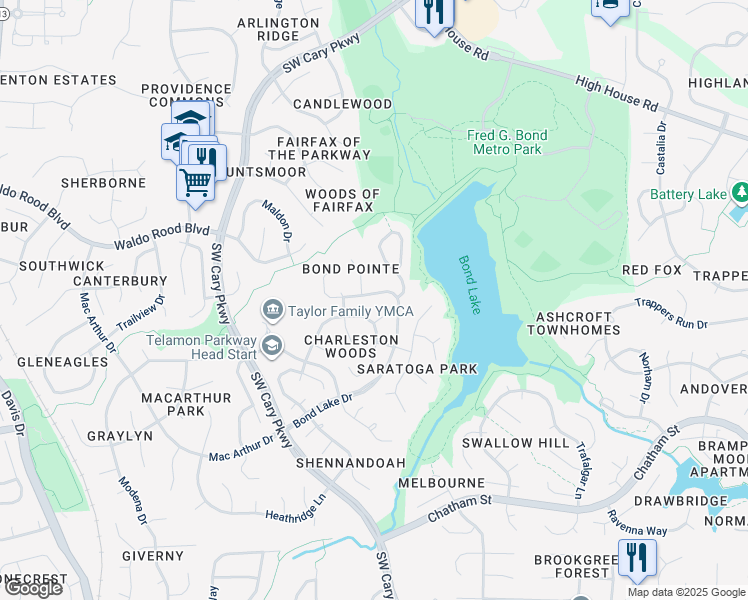 map of restaurants, bars, coffee shops, grocery stores, and more near 307 Bond Lake Drive in Cary