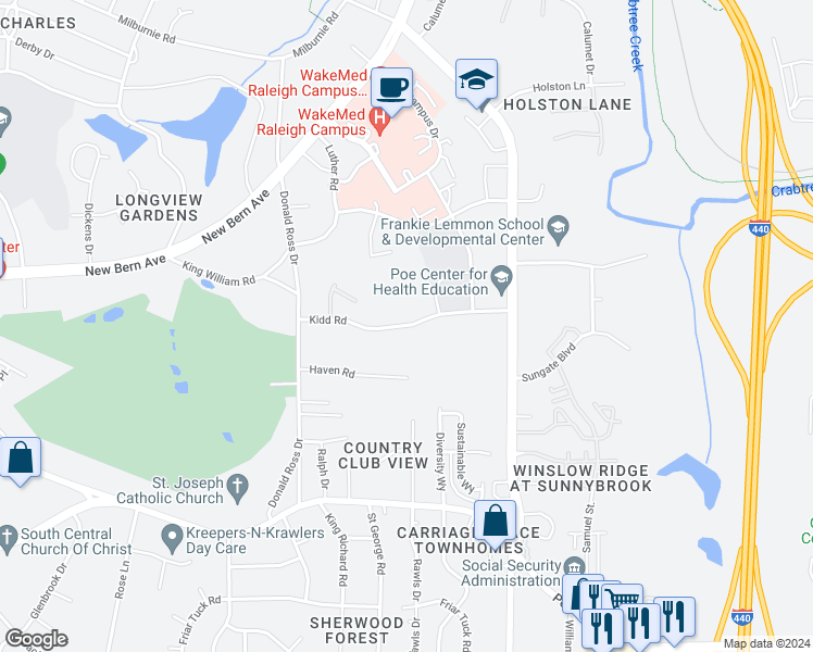 map of restaurants, bars, coffee shops, grocery stores, and more near 2864 Kidd Road in Raleigh
