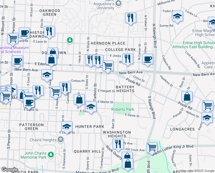 map of restaurants, bars, coffee shops, grocery stores, and more near 114 South Pettigrew Street in Raleigh