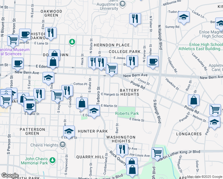 map of restaurants, bars, coffee shops, grocery stores, and more near 114 South Pettigrew Street in Raleigh