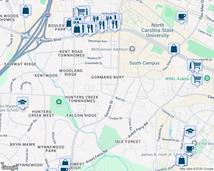 map of restaurants, bars, coffee shops, grocery stores, and more near 3805 Kelford Street in Raleigh
