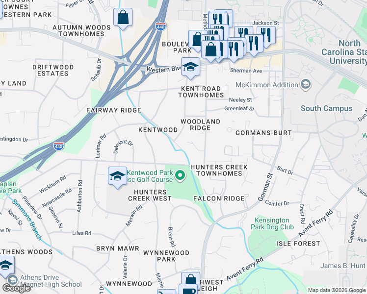 map of restaurants, bars, coffee shops, grocery stores, and more near 1416 Onslow Road in Raleigh