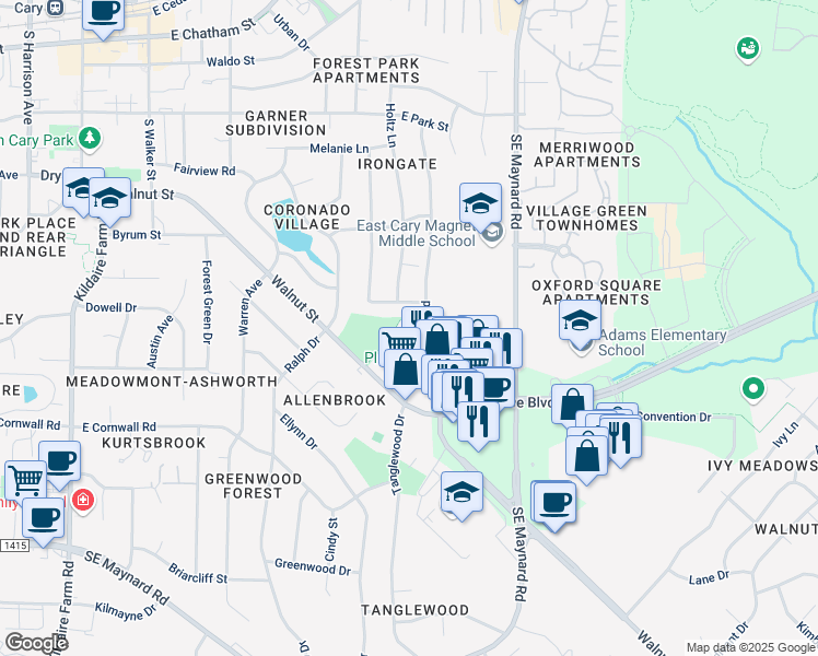 map of restaurants, bars, coffee shops, grocery stores, and more near 616 Ryan Road in Cary