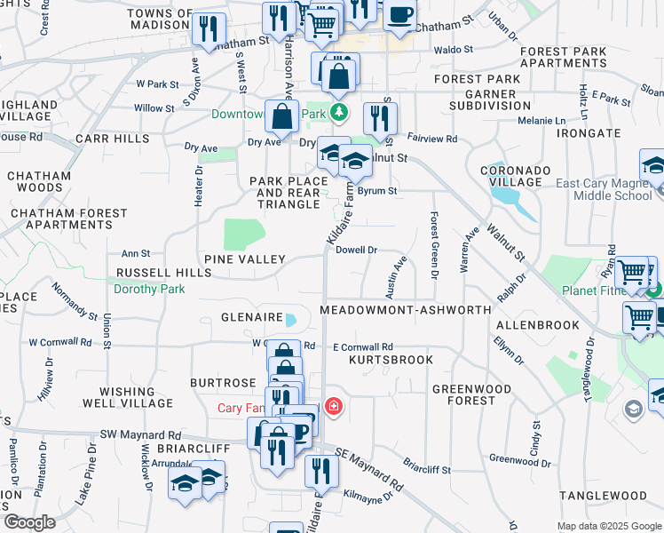 map of restaurants, bars, coffee shops, grocery stores, and more near 707 Kildaire Farm Road in Cary