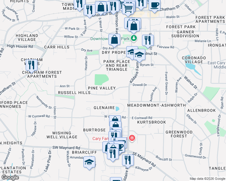 map of restaurants, bars, coffee shops, grocery stores, and more near 120 Shirley Drive in Cary