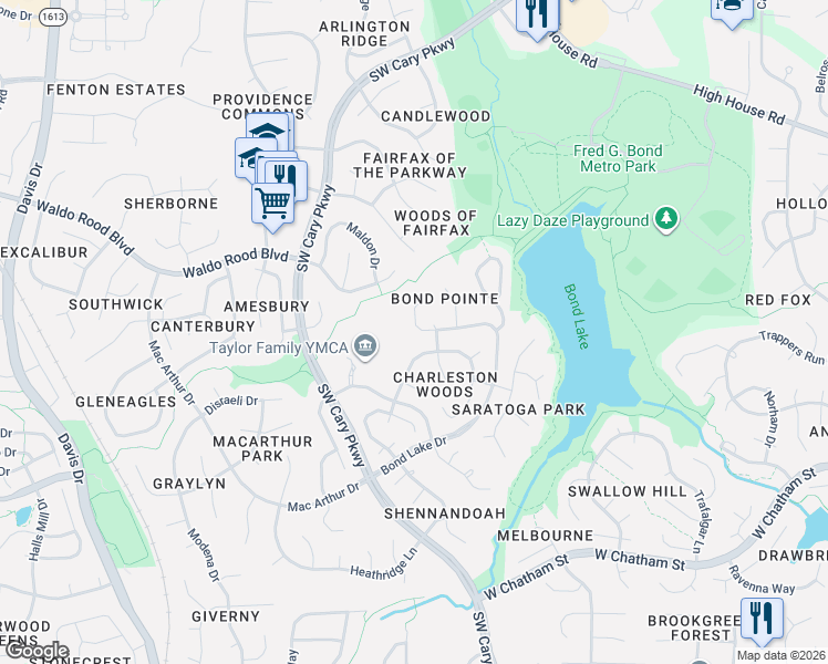 map of restaurants, bars, coffee shops, grocery stores, and more near 319 Bond Lake Drive in Cary