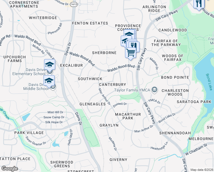 map of restaurants, bars, coffee shops, grocery stores, and more near 107 Gillespie Court in Cary