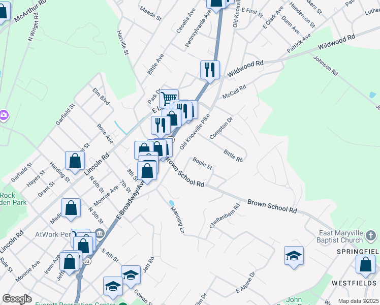 map of restaurants, bars, coffee shops, grocery stores, and more near 301 Bogle Street in Maryville
