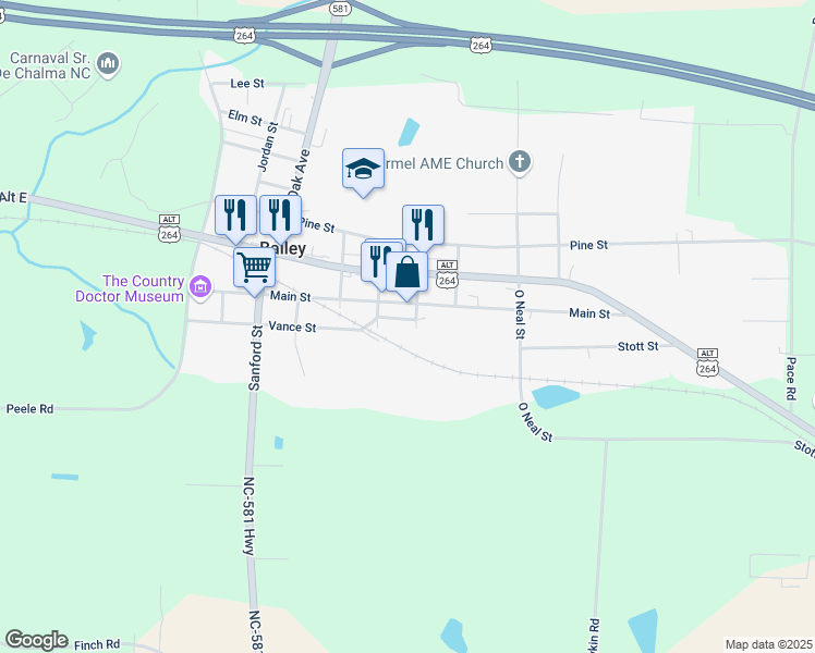 map of restaurants, bars, coffee shops, grocery stores, and more near 6171 Vance Street in Bailey