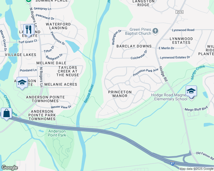 map of restaurants, bars, coffee shops, grocery stores, and more near 6004 Peachtree Town Lane in Knightdale