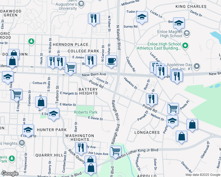 map of restaurants, bars, coffee shops, grocery stores, and more near 1701 Poole Road in Raleigh