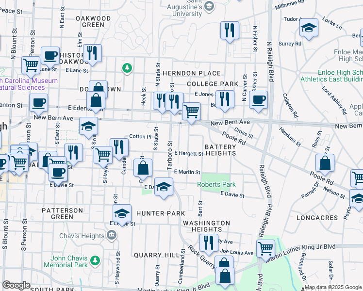 map of restaurants, bars, coffee shops, grocery stores, and more near 125 Lincoln Court in Raleigh