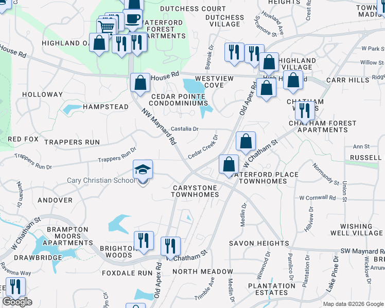 map of restaurants, bars, coffee shops, grocery stores, and more near 1230 Cedar Creek Drive in Cary