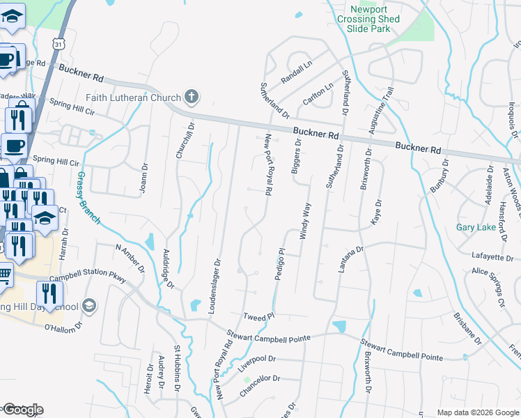 map of restaurants, bars, coffee shops, grocery stores, and more near 2733 New Port Royal Road in Thompson's Station