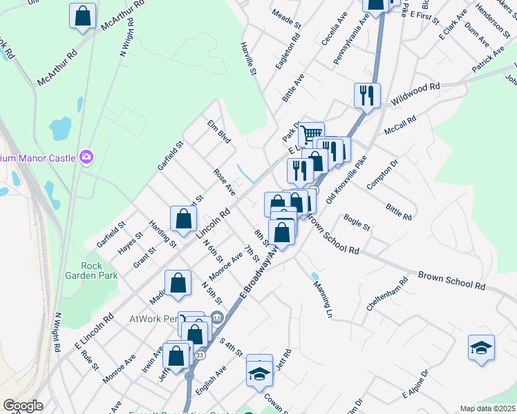 map of restaurants, bars, coffee shops, grocery stores, and more near 112 Olivia Lane in Maryville