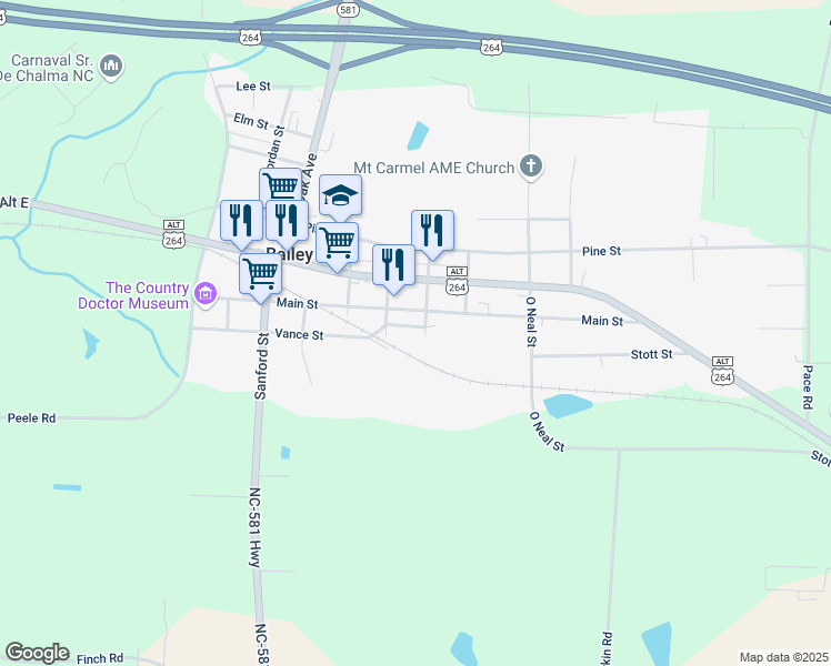 map of restaurants, bars, coffee shops, grocery stores, and more near 6171 Vance Street in Bailey
